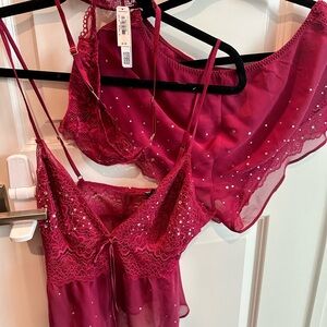 Sexy burgundy Red with rhinestones 3 piece set
